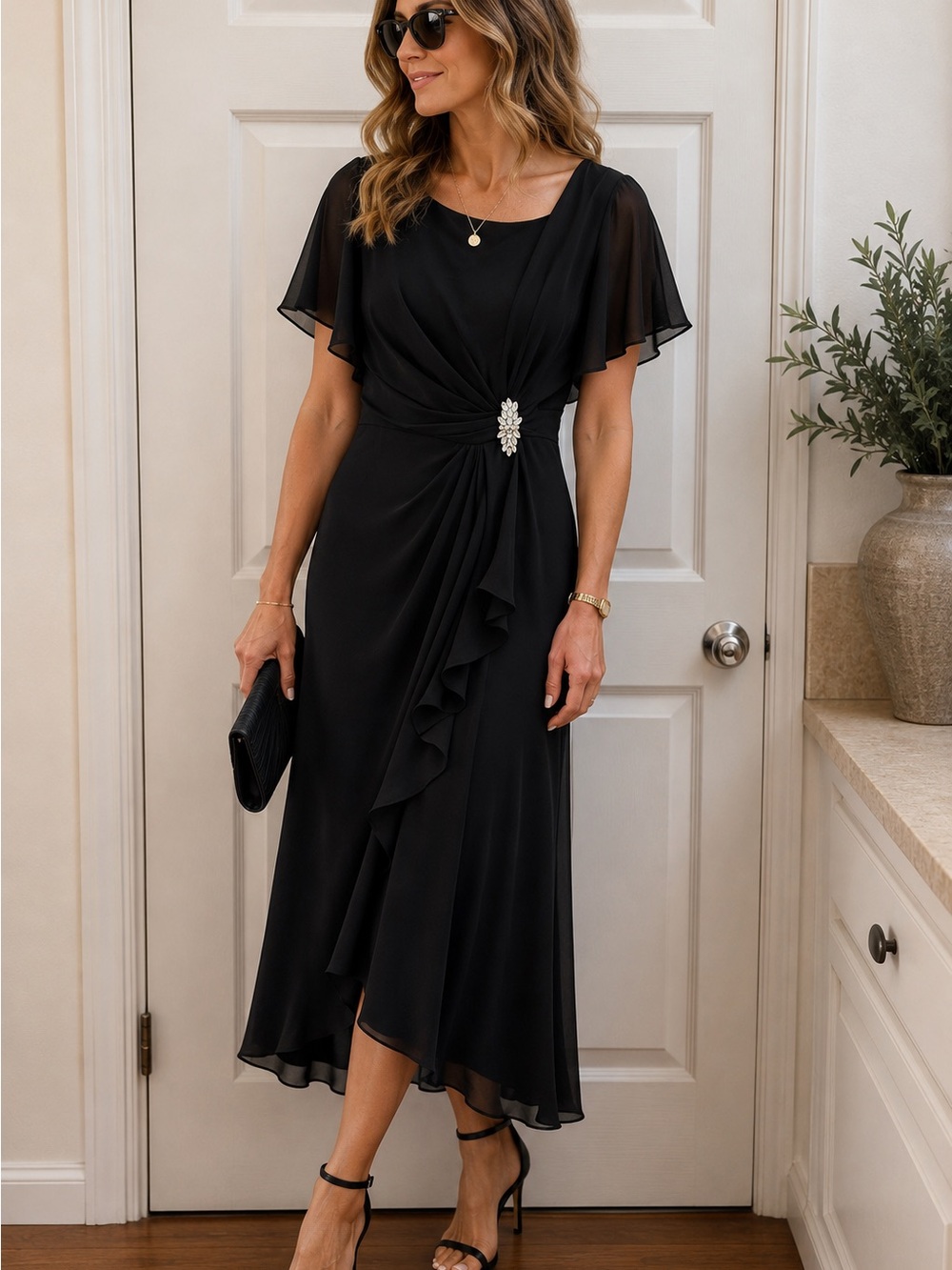 Ever Pretty Black Midi Dress with Draped Ruffle and Brooch